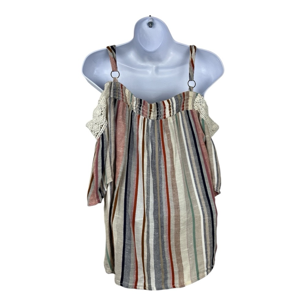 Womens Cold Shoulder Crochet Lace Boho Top Hippie Beach Striped Flowy